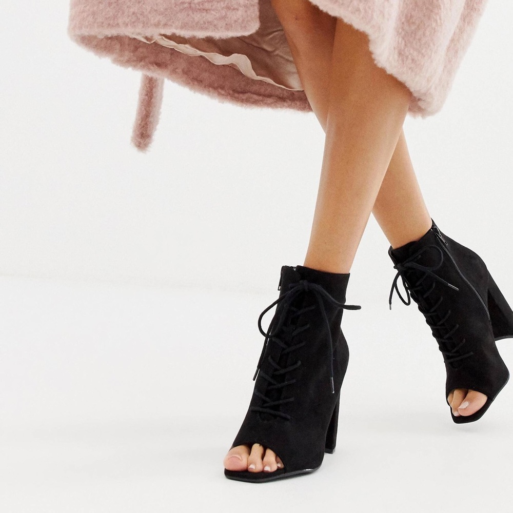 ASOS Lace Up Blocked Heeled black open toeBoot - Picture 1 of 5